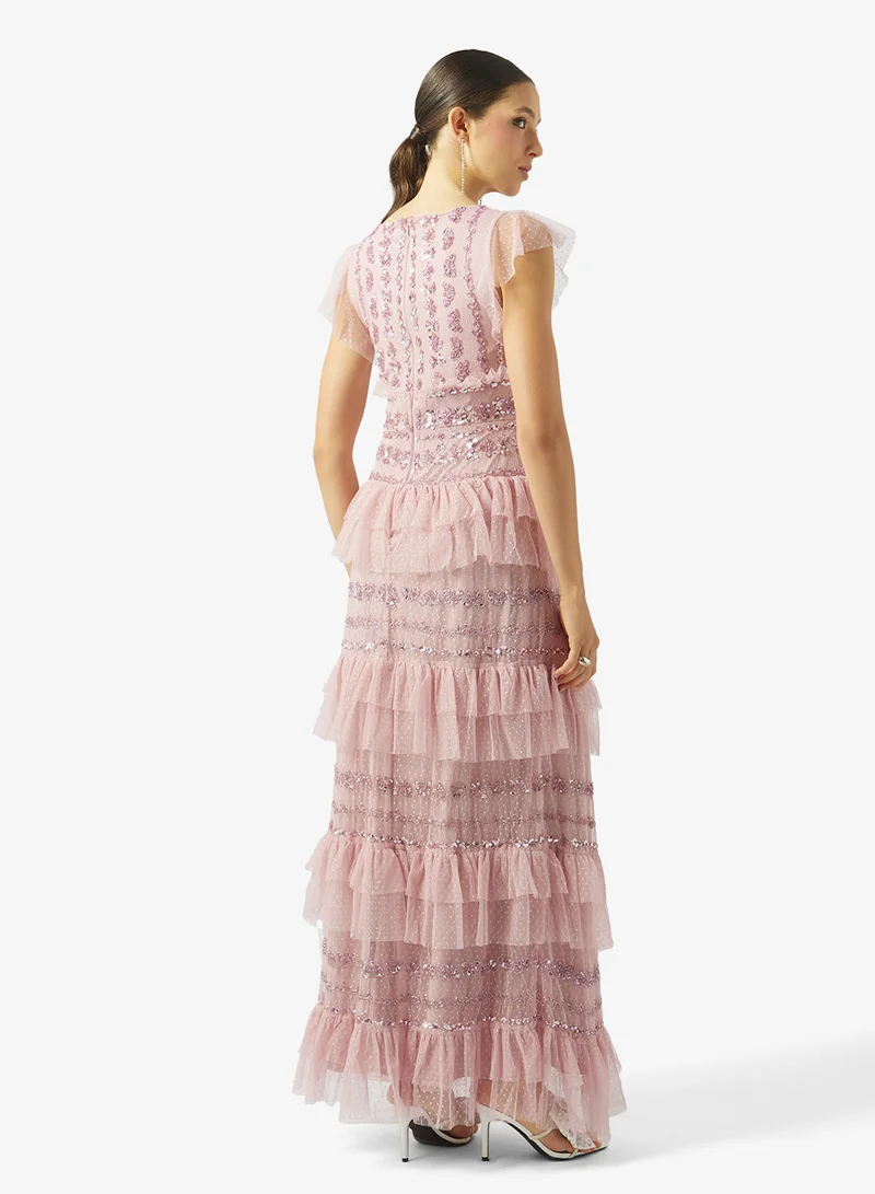 Maya Spot Mesh Embellished Ruffle Maxi Dress