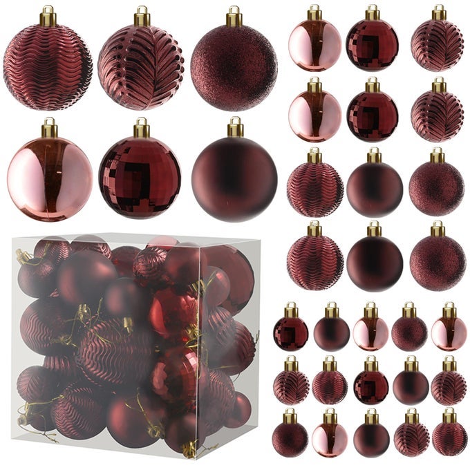 WINE RED CHRISTMAS ORNAMENTS SET 36 SHATTERPROOF WINE COLORED ORNAMENTS FOR CHRISTMAS TREE HOLIDAY WREATH AND PARTY DECOR INCLUDES SMALL MEDIUM LARGE DARK RED CHRISTMAS BALLS