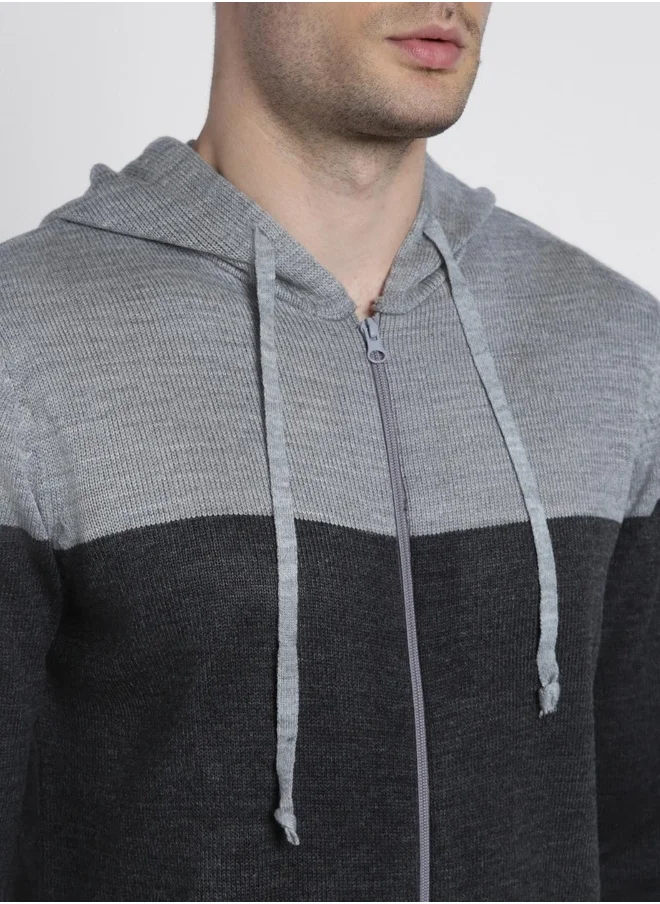 Dennis Lingo Light Grey Mel Regular Fit Sweater for Men - 100% Acrylic, Colourblocked, Hooded, Full Sleeves, Casual