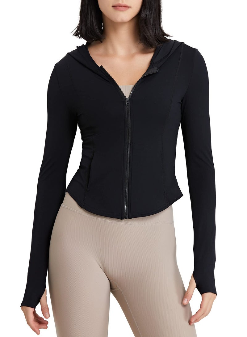 Zikra Women‚Äôs Zip Up Hooded Workout Jacket Long Sleeve Sun Shirt Crop Yoga Tops - Image 1