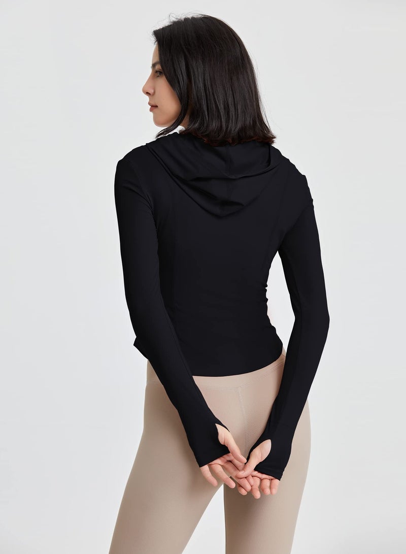 Zikra Women‚Äôs Zip Up Hooded Workout Jacket Long Sleeve Sun Shirt Crop Yoga Tops - Image 2