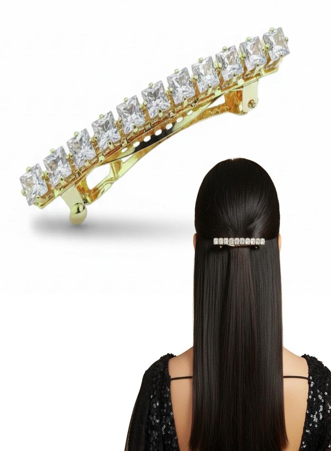 JWELLA Gold Plated American Diamond Barrette Hair Clip for Women | Clear Crystal Elegant Hair Accessory for Party & Daily Use - Image 1