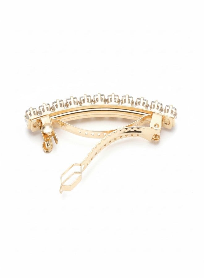JWELLA Gold Plated American Diamond Barrette Hair Clip for Women | Clear Crystal Elegant Hair Accessory for Party & Daily Use - Image 4