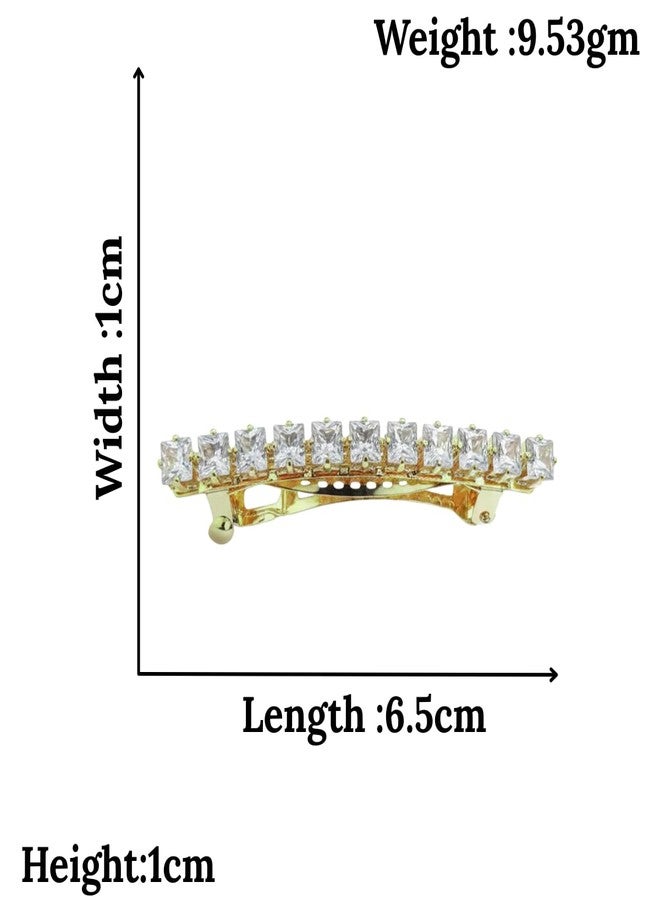 JWELLA Gold Plated American Diamond Barrette Hair Clip for Women | Clear Crystal Elegant Hair Accessory for Party & Daily Use - Image 3