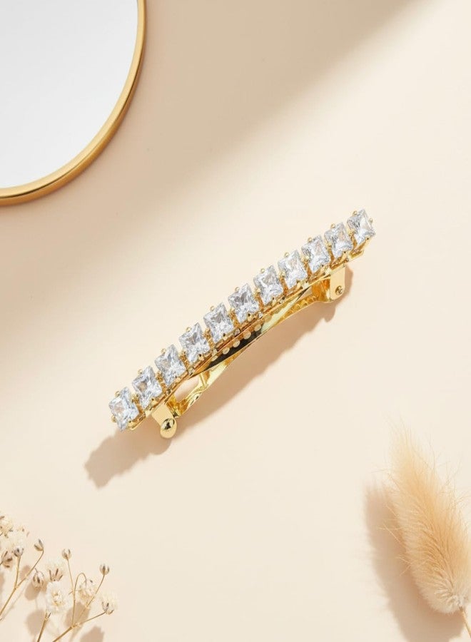 JWELLA Gold Plated American Diamond Barrette Hair Clip for Women | Clear Crystal Elegant Hair Accessory for Party & Daily Use - Image 2
