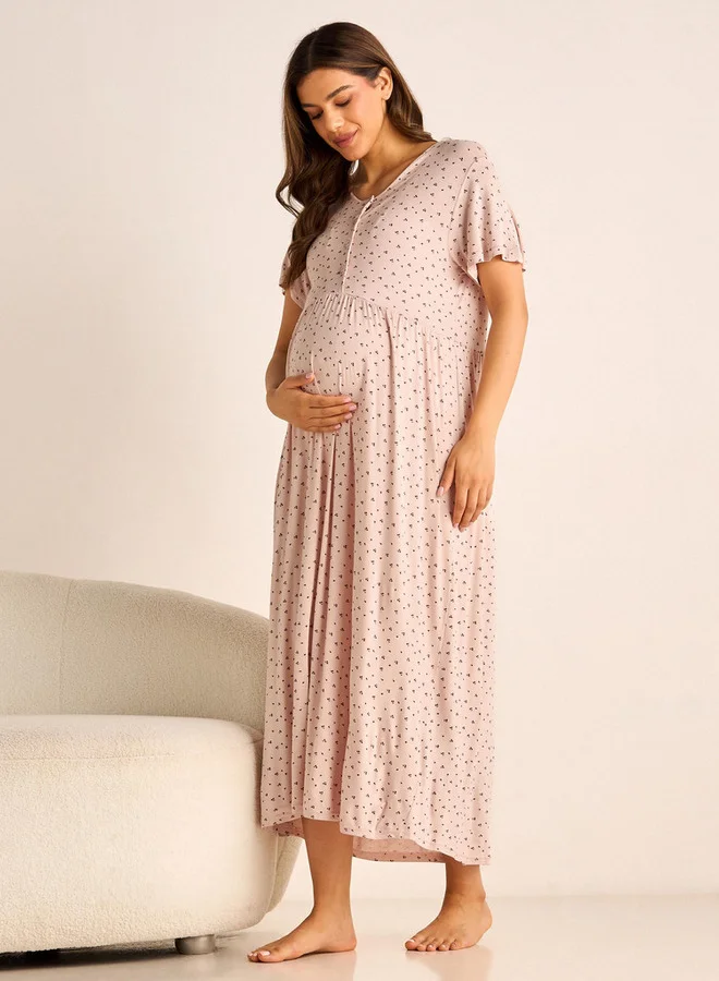 Splash FAV Printed Maternity Night Dress with Round Neck and Short Sleeves