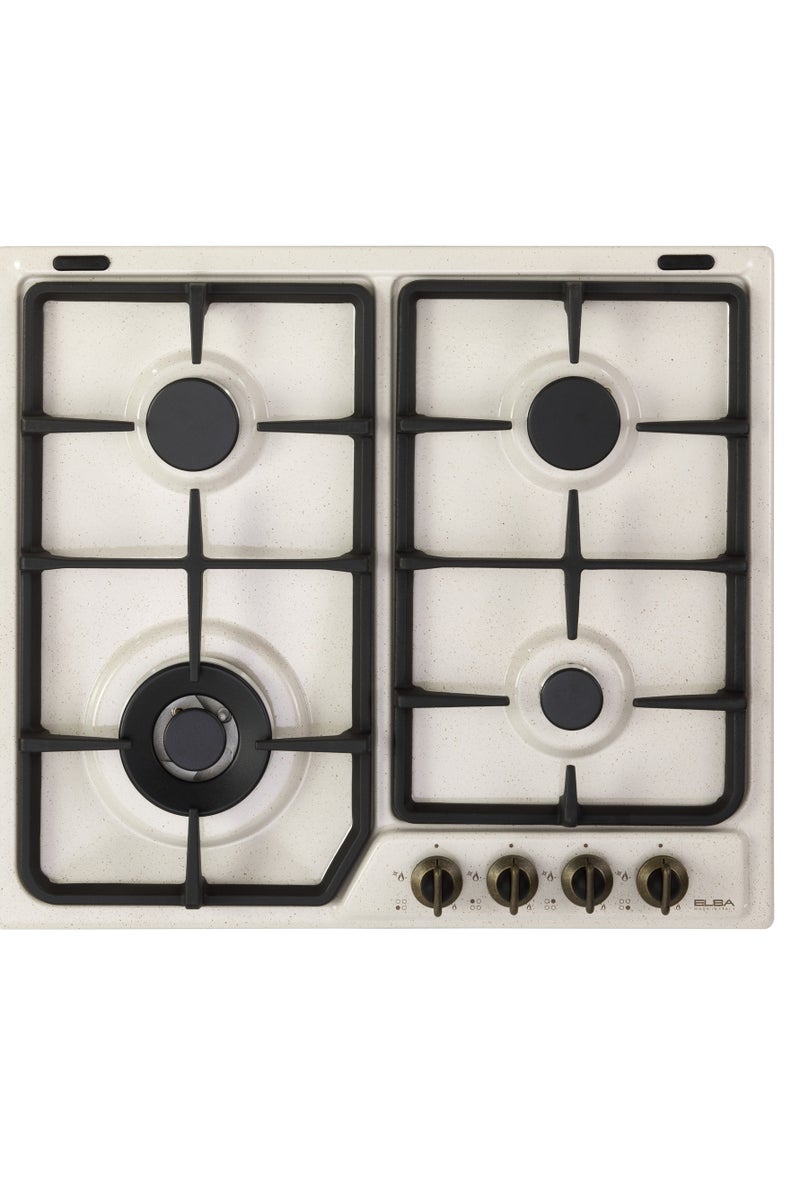 ELBA - 60cm Gas Powered 4 Zone Cooktop - 1 Double Ring Burner - Electronic Ignition - Safety Devices - Knob Control - Cast Iron Pan Supports + Wok Stand - Italian Technology
