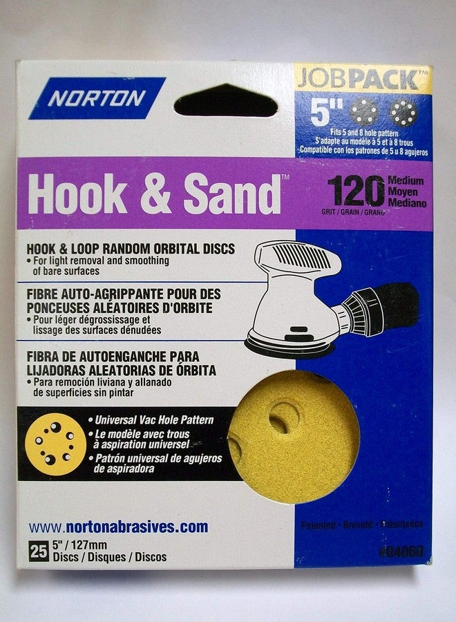Norton 5" x 5 & 8 Hole Norton 04060 Yellow Hook & Sand Combo 5 & 8 Hole Hook & Loop Universal Vac Hole Power Sanding Disc, 120-Grit Coarse, 25-Pack - Image 2