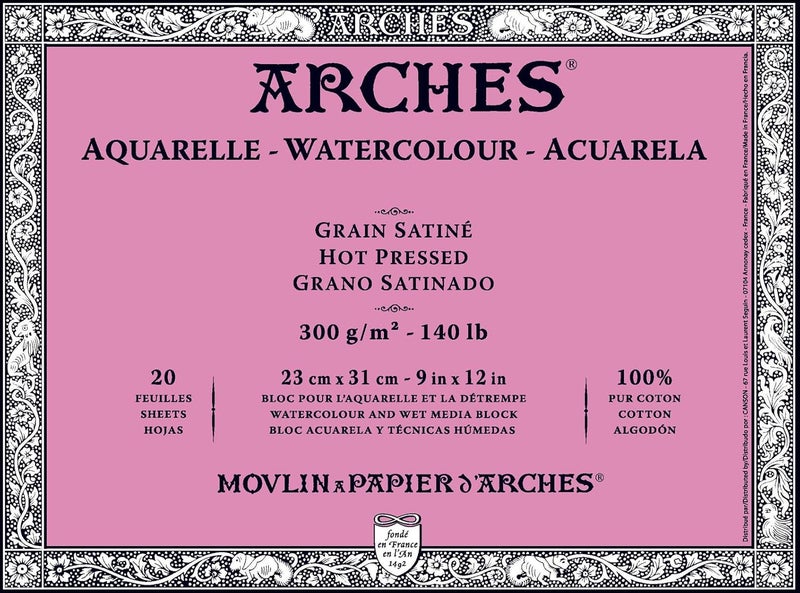 ARCHES Hot Pressed Watercolour Paper Block - 23 x 31 cm, 300 gsm, Natural White, Pack of 20 Sheets - Image 1