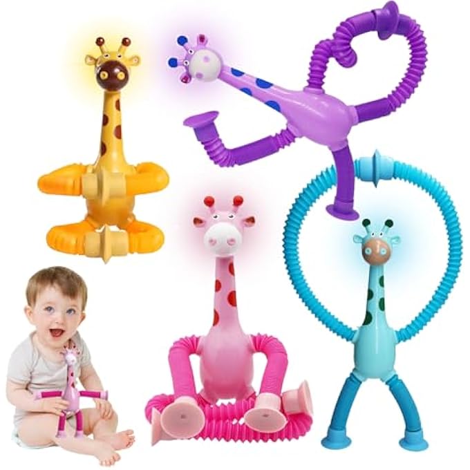 EHIOG Pack of 4 Telescopic Suction Cup Giraffe Toy, Telescopic Suction Cup Giraffe Toy, Cartoon Telescopic Tube Giraffe Stretch, for Children and Adults - Image 1
