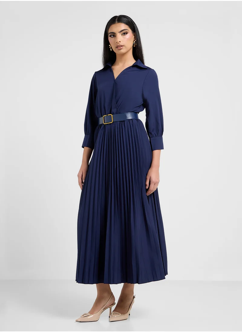 ELLA Belted Wrap Dress With Pleats