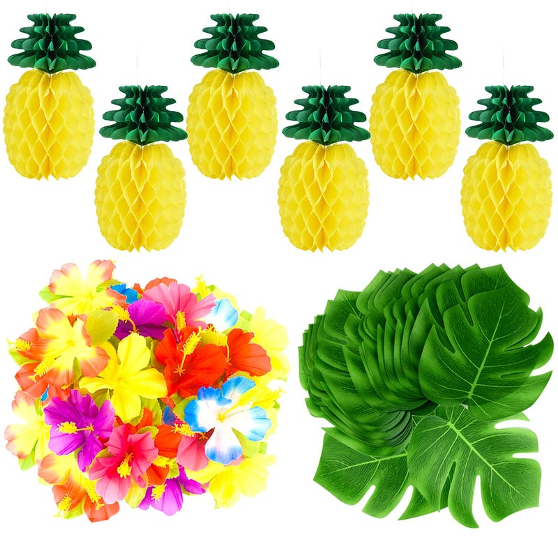 TUPARKA 66 PCS Tropical Luau Party DecorationIncluding 6 PCS Tissue Paper Pineapples30 PCS Tropical Leaves30 PCS Hibiscus Flowers Hawaiian Luau Party Jungle Beach Theme Table Decorations