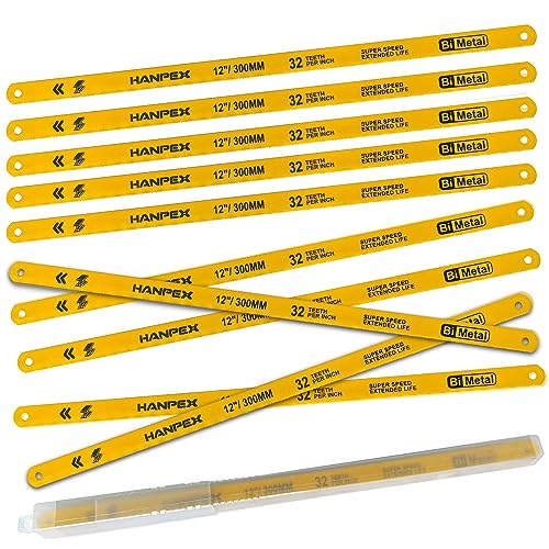 Hanpex Hacksaw Replacement Blades (10 Pack) High Speed 32 TPI - 12" Length Hack Saw Blade - Bi-Metal HSS Cutting Blades - Image 1
