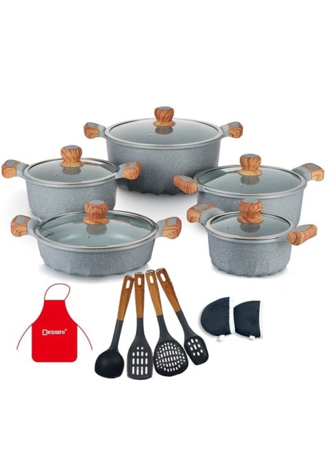 17-Pieces Granite Coated Cookware Set Includes 20 24 28 and 32cm Casserole with Lid  32cm Shallow Casserole with Lid and 7 Pieces Cooking Tools