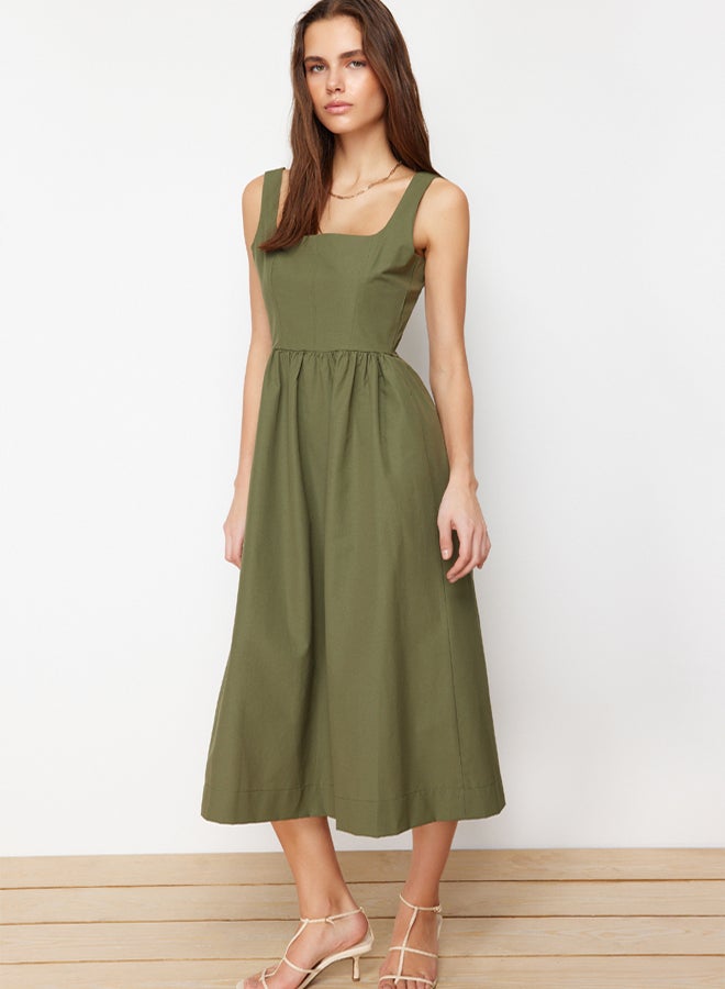trendyol Khaki Waist Opening Midi Corset Stitching Detail Midi Woven Dress - Image 3
