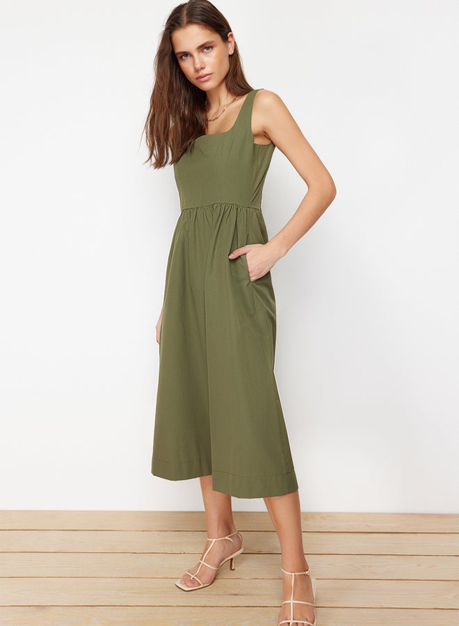 trendyol Khaki Waist Opening Midi Corset Stitching Detail Midi Woven Dress - Image 1