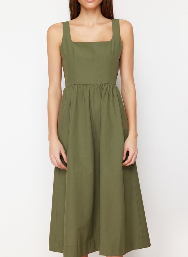 trendyol Khaki Waist Opening Midi Corset Stitching Detail Midi Woven Dress - Image 4