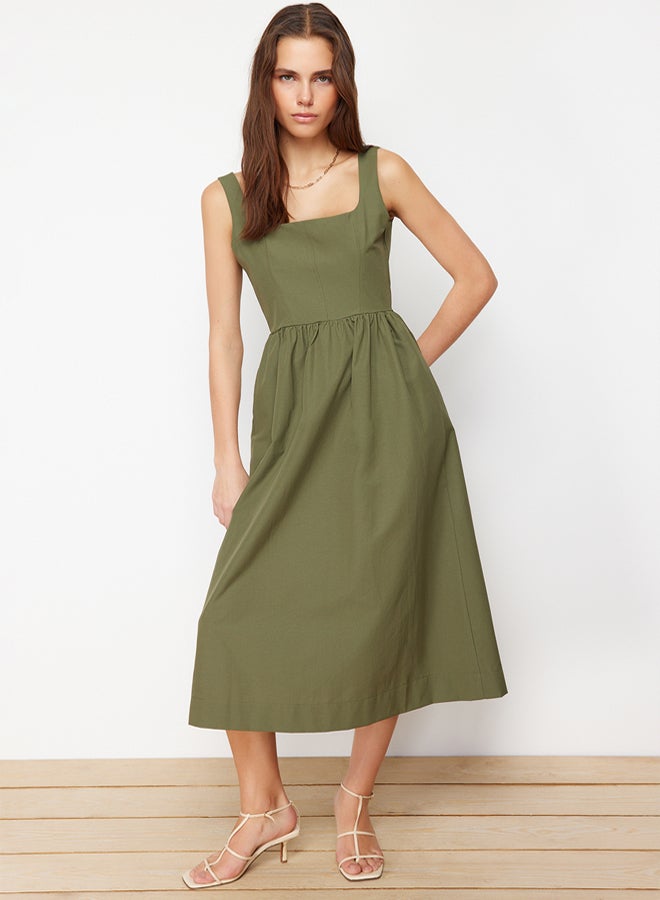 trendyol Khaki Waist Opening Midi Corset Stitching Detail Midi Woven Dress - Image 2