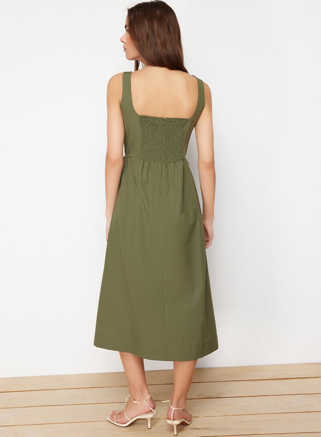 trendyol Khaki Waist Opening Midi Corset Stitching Detail Midi Woven Dress - Image 5