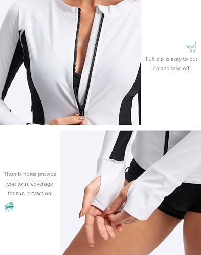 SANTINY Women's Rash Guard Zipper Pockets UPF50+ Sun Protection Long Sleeve Swimsuit Top Zip Front Swim Shirt for Women (White_M) - Image 5