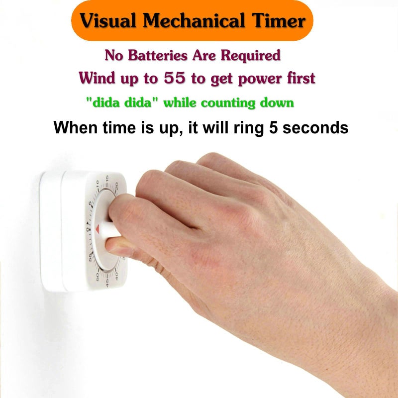 NUOSWEK Square 60 Minute Mechanical Kitchen Timer - Visual Kitchen Cooking Timer Clock with Loud Alarm - No Batteries Required-Manual Countdown Timer for Classroom, Home, Study and Cooking (White) - Image 5