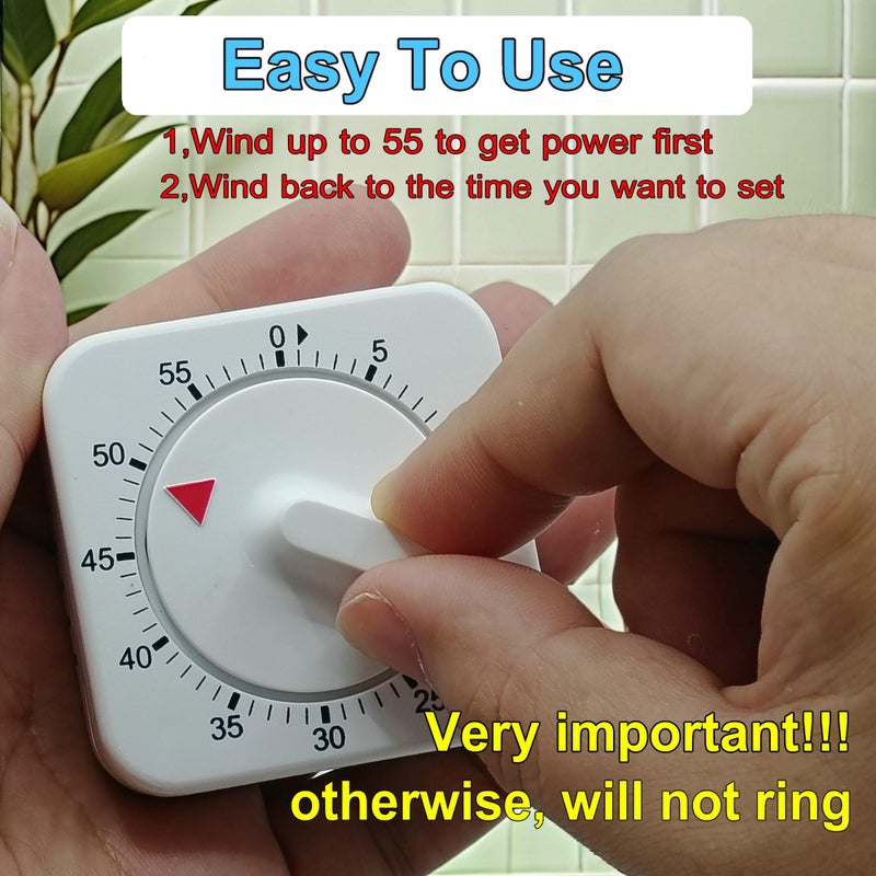 NUOSWEK Square 60 Minute Mechanical Kitchen Timer - Visual Kitchen Cooking Timer Clock with Loud Alarm - No Batteries Required-Manual Countdown Timer for Classroom, Home, Study and Cooking (White) - Image 3