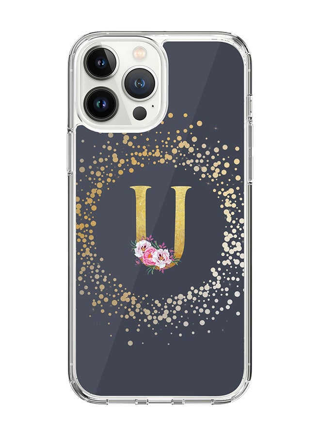Stylizedd Classic Clear Case For iPhone 14 Pro Max, Hybrid Soft Case Thin Cover- Custom Monogram Initial Letter Floral Pattern Alphabet - U(Grey) - Image 1