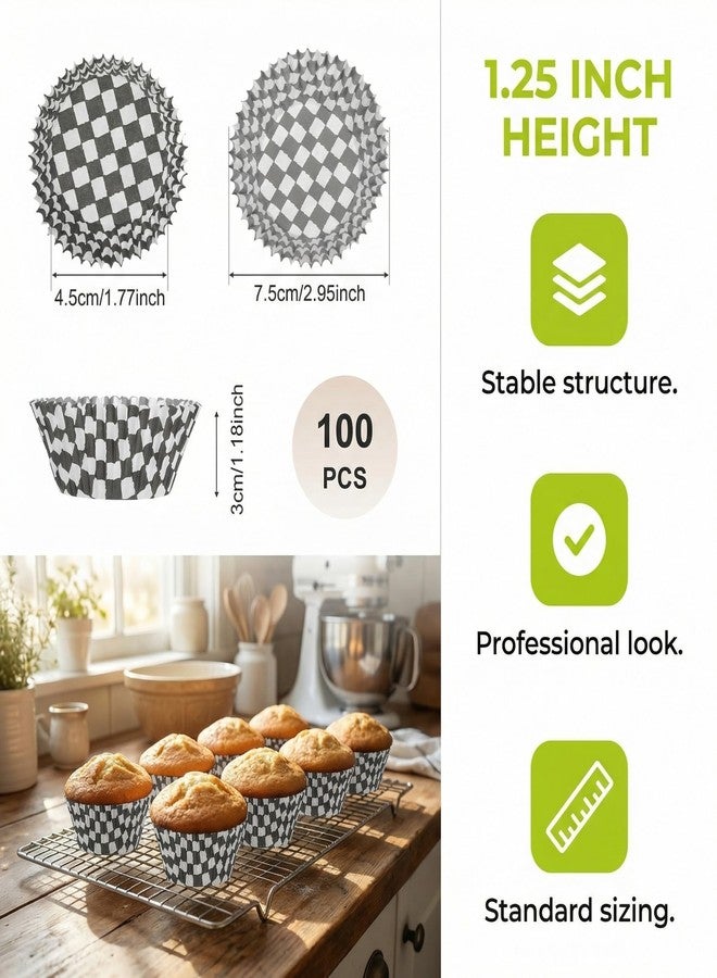 Wionin 100pcs Cupcake Paper Cups Black and White Baking Cups Wraps Muffin Liners Checkerboard Cup Wraps Race Car Cupcake Liners Party Decorations - Image 2