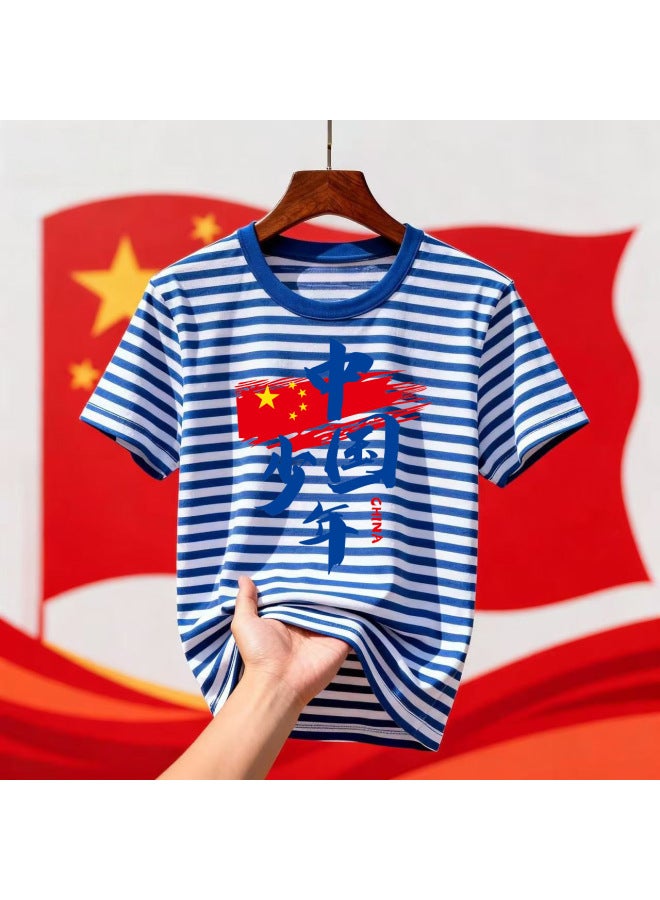 Primary And Middle School Students Red Scarf Activity Class Clothes National Day Family Clothes Pure Cotton Sea Soul Shirt T-shirt Short Sleeve Blue And White Striped Trendy