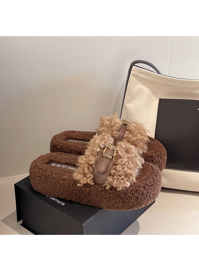 Trendy High-end Plush Slippers For Women,   And Winter Thick-soled Height-increasing Lamb Wool Slippers