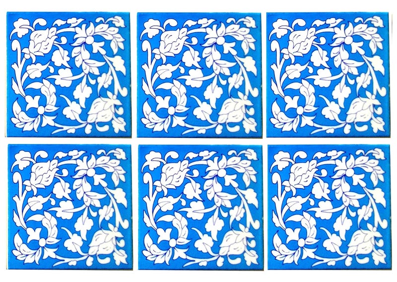 Shiv Kripa Blue Pottery Home Dcorative Moroccan Pottery Ceramic Handmade Wall Tiles 6 x 6 Inch Set of 6 Tiles Sky Blue White