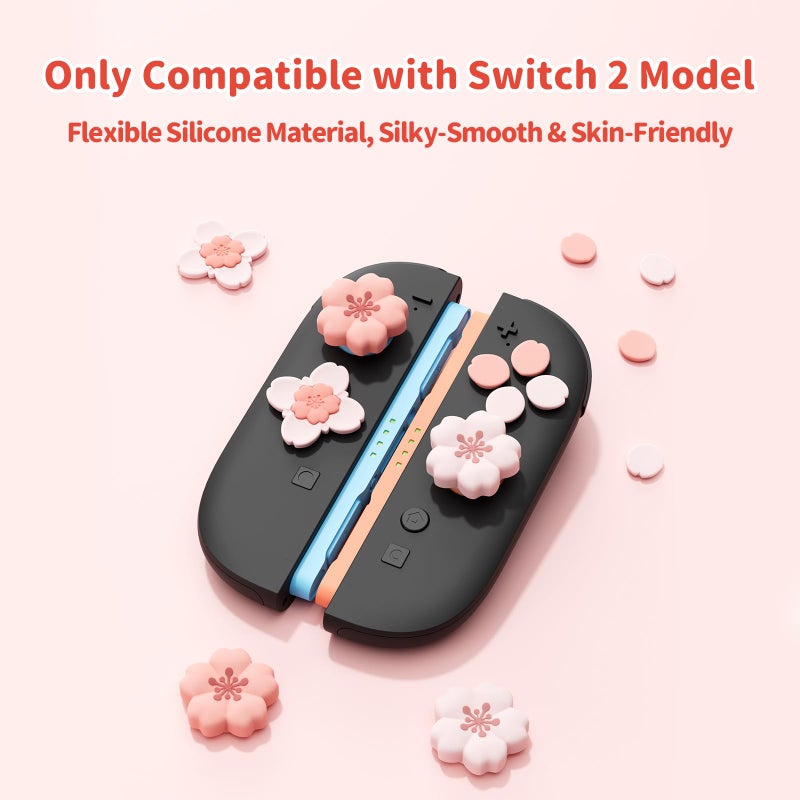 GeekShare Sakura Cross D-Pad Button Caps Thumb Grip Caps Set Compatible with Switch 2, ABXY Key Buttons Sticker Cover Caps for Switch 2, Cherry Pink - Image 2
