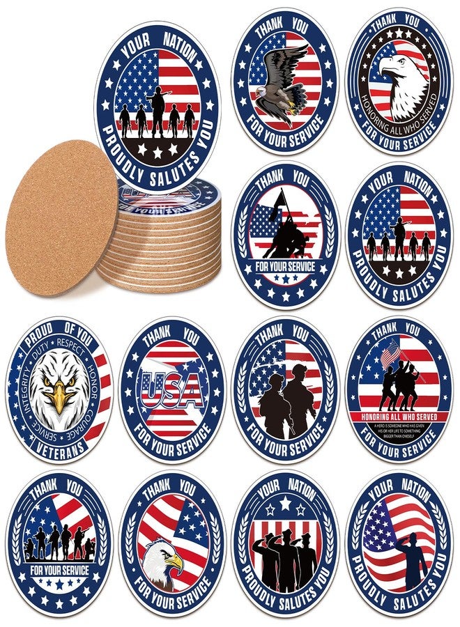 Potchen 12 Pcs Thank You for Your Service Coasters Absorbent Veteran Appreciation Coasters with Cork Base Patriotic USA Military Retirement Appreciation Gifts for Veterans Day Kitchen Home Bar - Image 1