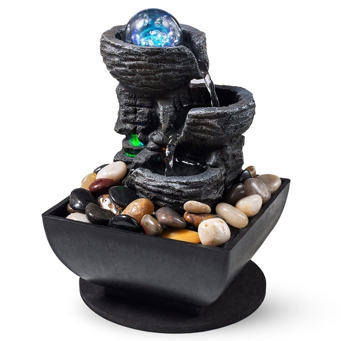TABLETOP FOUNTAIN INDOOR WATERFALL MEDITATION FOUNTAIN LIKE LAYERS OF ROCK DESKTOP WATER FEATURE INCLUDES MANY NATURAL RIVER ROCK LED LIGHTS ROLLING DECORATIVE BUBBLE BALLS