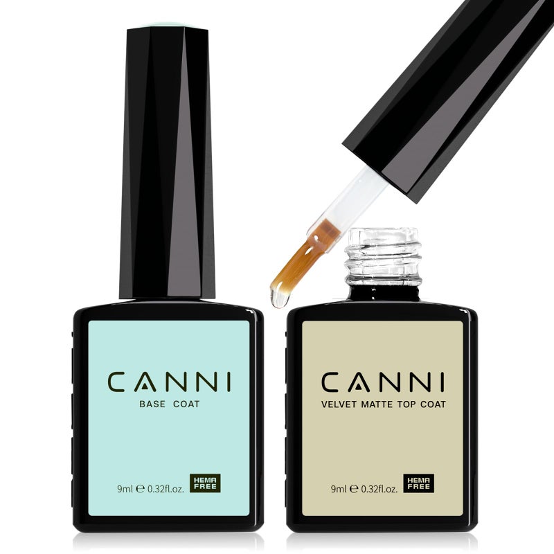 Canni مجموعة طلاء الأظافر الجل غير اللامع من كاني 2 قطعة - طلاء أساسي وطلاء علوي غير لامع يدوم طويلاً، مجموعة طلاء أظافر جل بدون مسح، مثالية لفن الأظافر في المنزل باستخدام LED، بدءاً من الصفر في صالون المانيكير DIY - Image 1