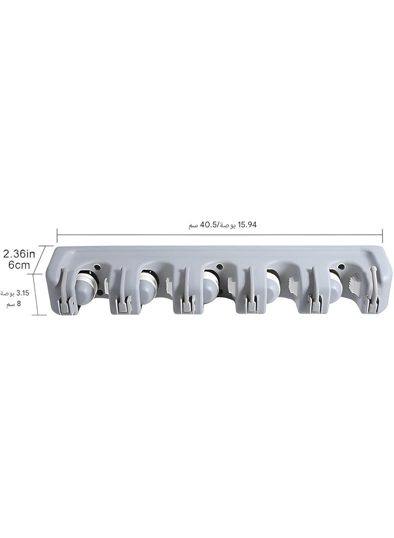 Wall-Mounted Broom and Mop Holder with 5 Slots and 6 Foldable Hooks - Image 2