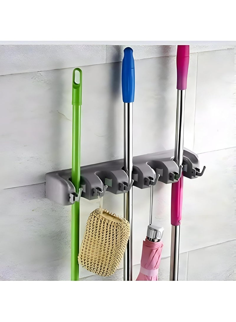 Wall-Mounted Broom and Mop Holder with 5 Slots and 6 Foldable Hooks - Image 1