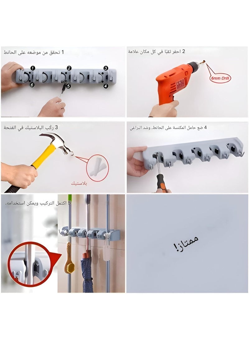 Wall-Mounted Broom and Mop Holder with 5 Slots and 6 Foldable Hooks - Image 3