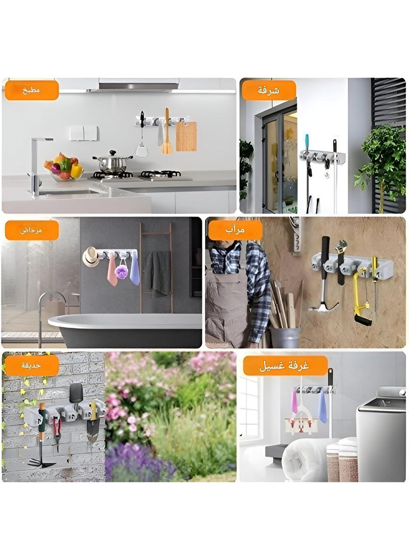 Wall-Mounted Broom and Mop Holder with 5 Slots and 6 Foldable Hooks - Image 4