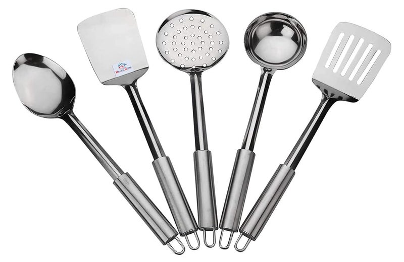 Kuber Industries Heart Home Multiuses Serving Cooking Stainless Steel Kitchen Tool Utensil Set of 5 Skimmer Spatula Solid Turner Slotted Turner Ladle Silver  - Image 1