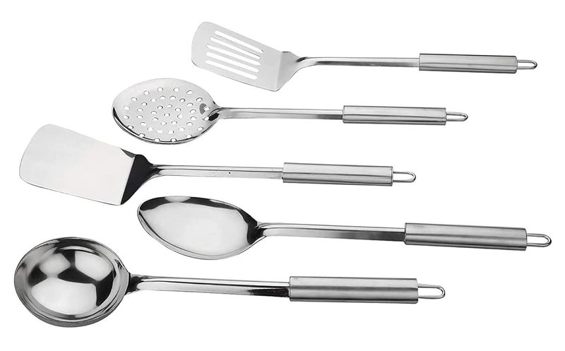 Kuber Industries Heart Home Multiuses Serving Cooking Stainless Steel Kitchen Tool Utensil Set of 5 Skimmer Spatula Solid Turner Slotted Turner Ladle Silver  - Image 2