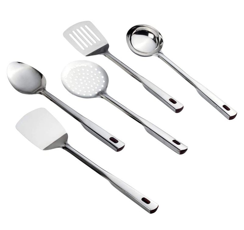 Kuber Industries Heart Home Multiuses Serving Cooking Stainless Steel Kitchen Tool Utensil Set of 5 Skimmer Spatula Solid Turner Slotted Turner Ladle Silver  - Image 5