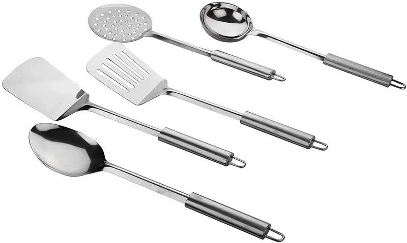 Kuber Industries Heart Home Multiuses Serving Cooking Stainless Steel Kitchen Tool Utensil Set of 5 Skimmer Spatula Solid Turner Slotted Turner Ladle Silver  - Image 4