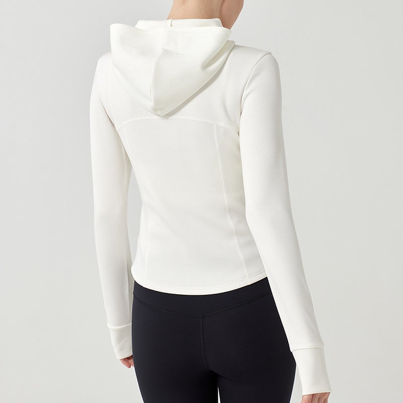 Womens Slim Fit Hooded Zipper Sportswear Yoga Jacket for Running Beige  - Image 5