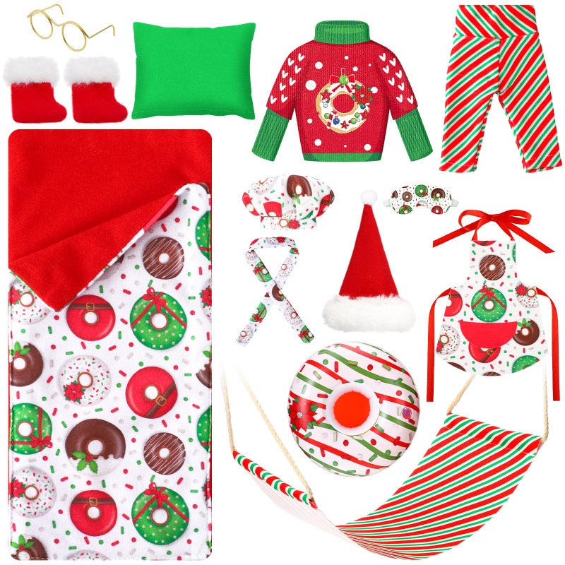 Suhine 13 Pcs Christmas Doll Accessories Set on Clothes Donut Clothes Doughnut Outfit Scarf Sleeping Bag Sweater Bathrobe Hammock Apron Hat Doll Costume Dress up for Xmas Doll - Image 3