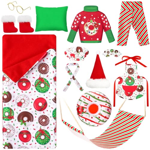 Suhine 13 Pcs Christmas Doll Accessories Set on Clothes Donut Clothes Doughnut Outfit Scarf Sleeping Bag Sweater Bathrobe Hammock Apron Hat Doll Costume Dress up for Xmas Doll - Image 1