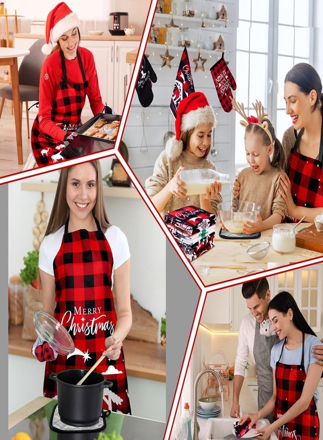 Newcotte 13 Pcs Christmas Nativity Scene Kitchen Towels Apron Pot Holders Oven Mitts Set 4 Plaid Dish Tea Hand Towels 4 Red Black Oven Gloves 4 Hot Pads 1 Apron for Christmas Themed Souvenirs Gifts - Image 5