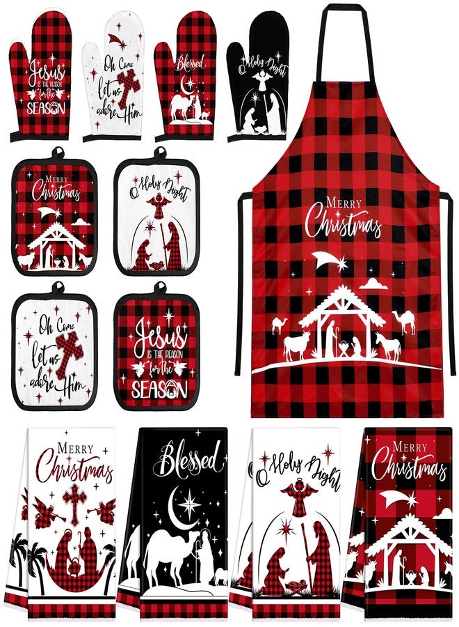 Newcotte 13 Pcs Christmas Nativity Scene Kitchen Towels Apron Pot Holders Oven Mitts Set 4 Plaid Dish Tea Hand Towels 4 Red Black Oven Gloves 4 Hot Pads 1 Apron for Christmas Themed Souvenirs Gifts - Image 1
