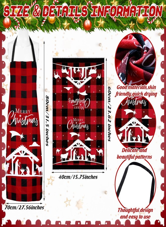 Newcotte 13 Pcs Christmas Nativity Scene Kitchen Towels Apron Pot Holders Oven Mitts Set 4 Plaid Dish Tea Hand Towels 4 Red Black Oven Gloves 4 Hot Pads 1 Apron for Christmas Themed Souvenirs Gifts - Image 3
