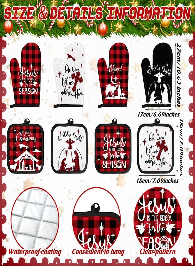 Newcotte 13 Pcs Christmas Nativity Scene Kitchen Towels Apron Pot Holders Oven Mitts Set 4 Plaid Dish Tea Hand Towels 4 Red Black Oven Gloves 4 Hot Pads 1 Apron for Christmas Themed Souvenirs Gifts - Image 4